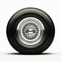 A classic car wheel with a chrome rim featuring vintage detailing, paired with a wide black tire, standing upright against a minimal white background 
