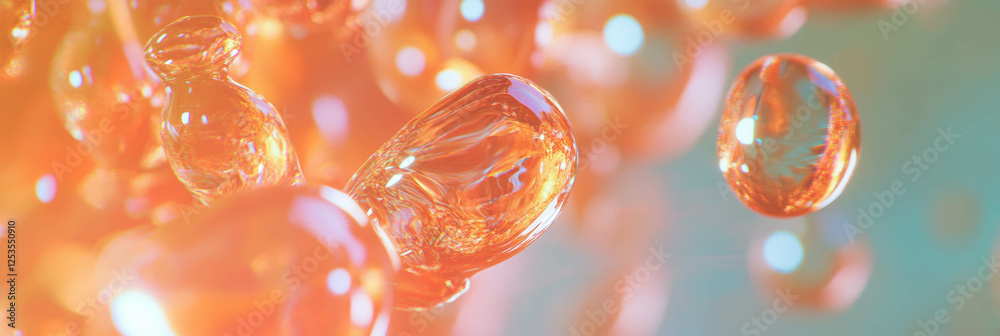 Poster cluster of droplets merging to create larger drops against a bright background