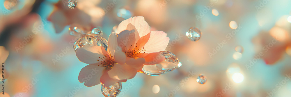 Poster cluster of sakura petals elegantly arranged on a soft golden background creating a peaceful vibe
