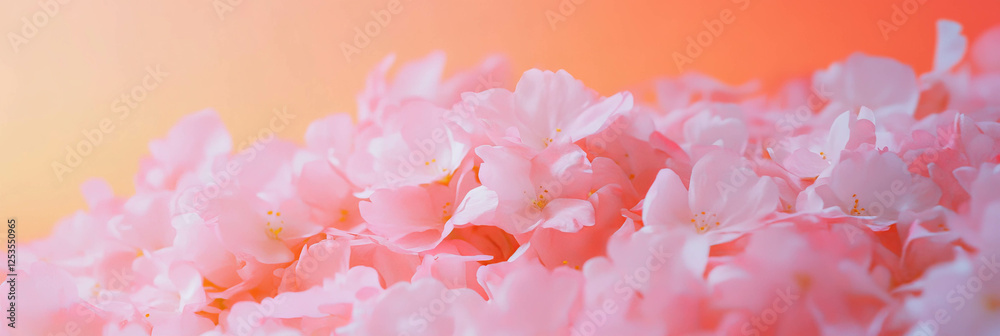 Poster cluster of delicate sakura petals on a soft coral background ideal for a bright banner design