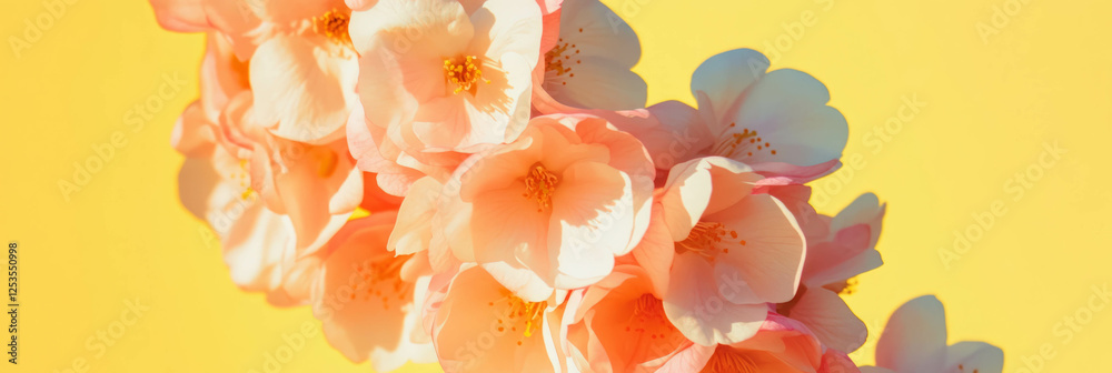 Poster cluster of sakura petals creates heart shape on light yellow background for spring celebration