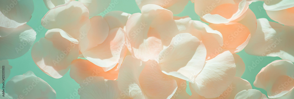 Poster cluster of sakura petals on a light olive green background for a vibrant design element