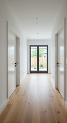 Fototapeta premium Bright Hallway: Wood Floors, White Walls, & Garden View | Modern Interior Design