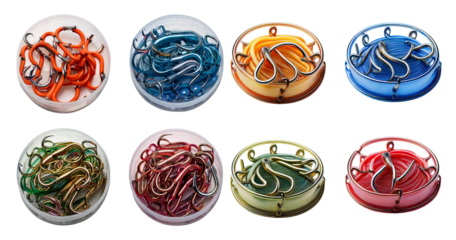 Colorful Assortment of Fishing Hooks in Clear Bowls on a White Background, isolated on transparent background