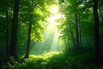 Obraz premium Ethereal Sunlight Streaming Through Lush Green Forest Canopy in a Serene Wilderness Setting