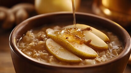 Pear slices, honey, and cinnamon in oatmeal for a healthy breakfast