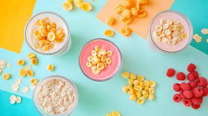 Bowls of colorful cereal and yogurt with raspberries on bright surface