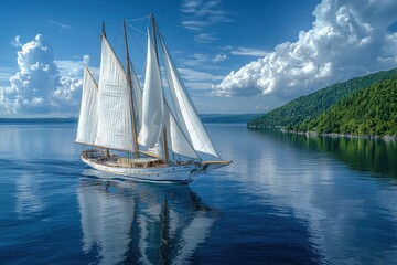 Classic sailboat sailing on calm blue water by green coast under cloudy sky