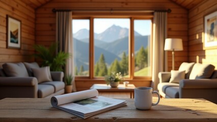 Fototapeta premium Magazine Mockup with Coffee, Cabin table magazine with hot coffee.