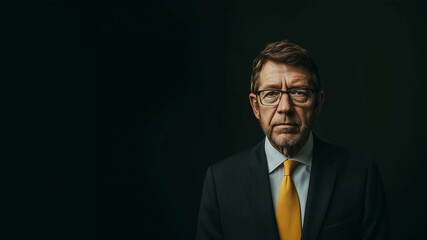 Obraz premium Confident businessman in suit,CEO,standing against dark background,portrait,copy space,banner.