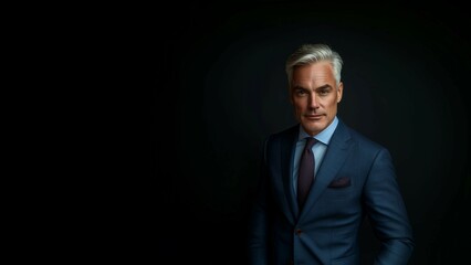Obraz premium Confident businessman in suit,CEO,standing against dark background,portrait,copy space,banner.