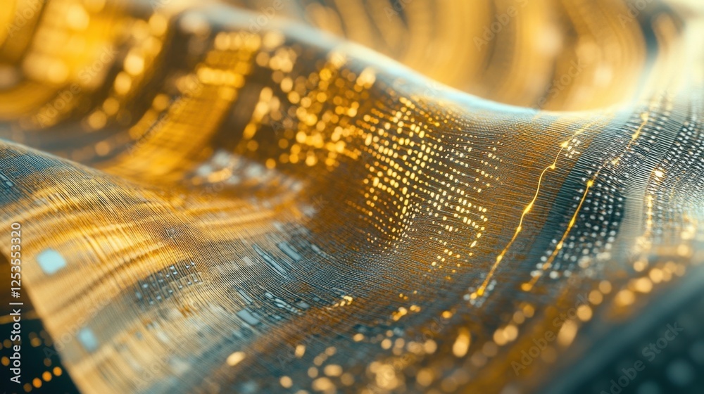 Poster flowing golden lines and dots create an abstract representation of digital data movement and connect