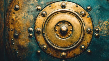 Fototapeta premium Exploring ancient metalwork close-up view of a vintage shield museum exhibition historical context