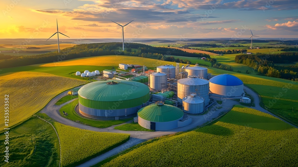 Aufkleber aerial view of a biogas production facility nestled in a golden rapeseed field highlighting the of r
