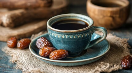 A cup of coffee and dried dates on a saucer ready for Iftar Islamic religion and Ramadan concept