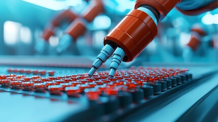 A robotic arm is gripping red components on a conveyor belt in a technologically advanced manufacturing environment.