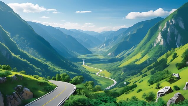 Scenic Green Valley with Winding Road & Majestic Mountains