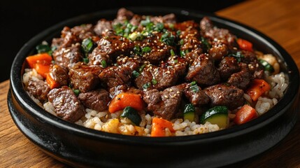 Beef And Rice Dish On Dark Plate