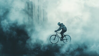 Naklejka premium Cyclist Riding Through Foggy Urban Environment at Dusk Particulate Matter Concept