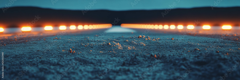 Poster runway close-up showcasing runway lights and textured concrete at twilight