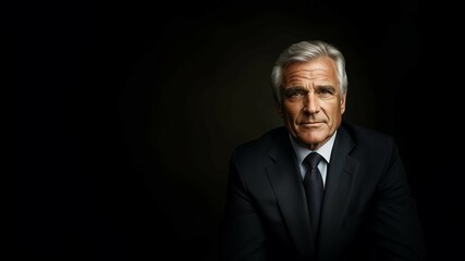 Fototapeta premium Confident businessman in suit,CEO,standing against dark background,portrait,copy space,banner.