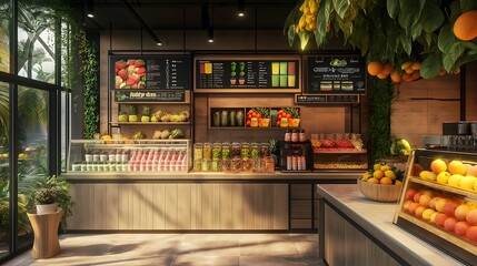 Fresh Fruit Smoothie Bar Display with Tropical Fruit and Greenery