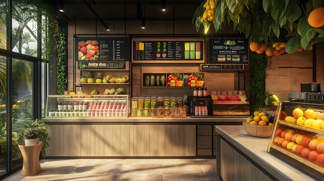 Fresh Fruit Smoothie Bar Display with Tropical Fruit and Greenery