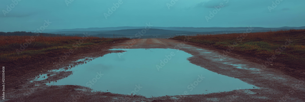 Poster reflective puddle on a runway showcasing the surrounding landscape at dusk