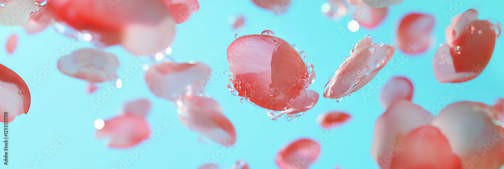 Poster scattering sakura petals create a soft dreamy effect on a bright blue background
