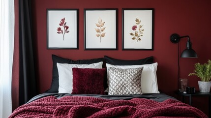 Elegant Bedroom Interior with Red Walls and Floral Art Prints Creating a Cozy Atmosphere