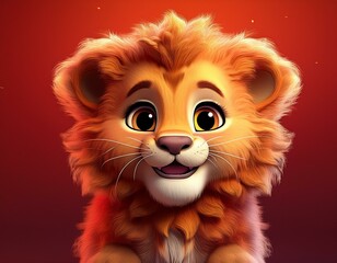 Obraz premium Niedliches Löwenbaby, roter Hintergrund