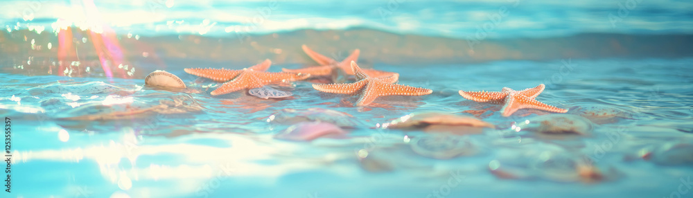 Poster scattering of starfish and sand dollars on wet sand creating a vibrant coastal display