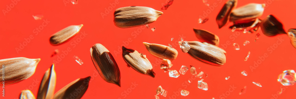 Poster Sunflower seeds scattered on a vibrant red background with various textures and sizes