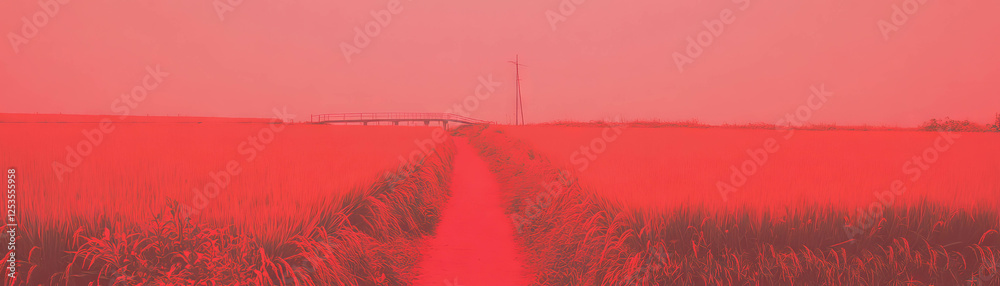 Poster bright rice field section with straight lines to a small bridge on vibrant red backdrop