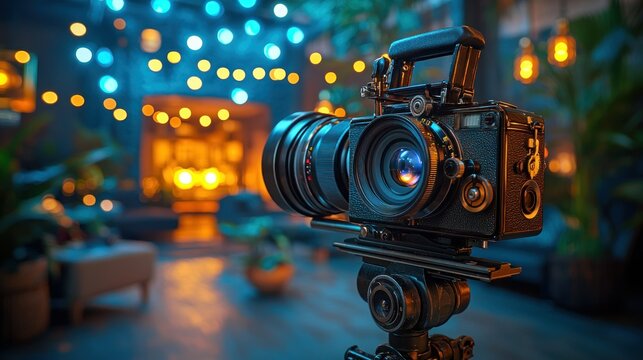 Vintage camera filming cozy lounge