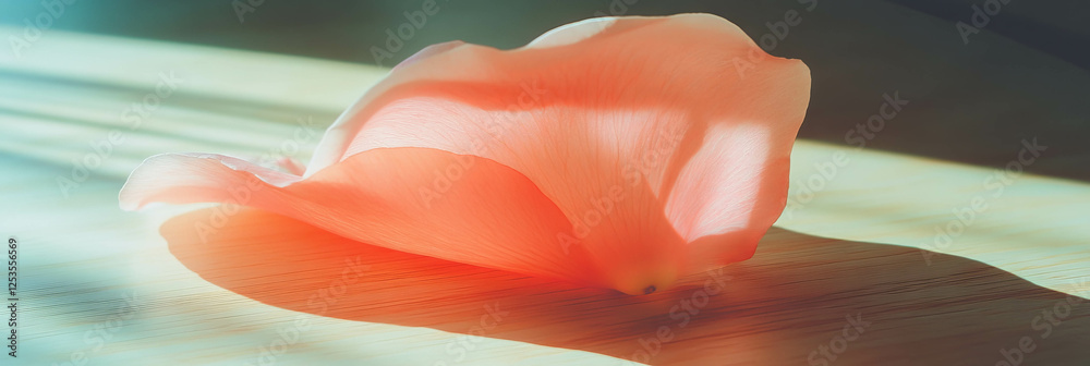 Poster curled sakura petal resting on a bright surface illuminated by dramatic side lighting