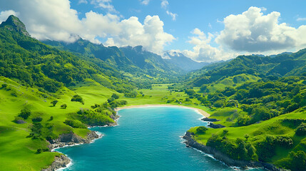 Obraz premium Lush green hills surround a tranquil turquoise bay on a sunny tropical island.