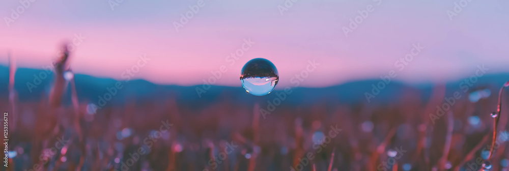 Poster single large droplet reflects blurred landscape with soft colors and gradients in background