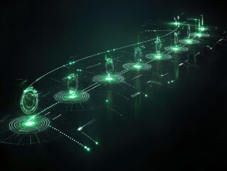 Futuristic timeline with glowing checkpoints representing longterm business strategy