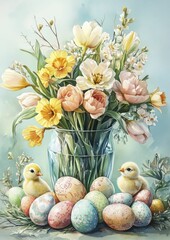 Obraz premium Pastel Floral Arrangement With Chicks And Easter Eggs
