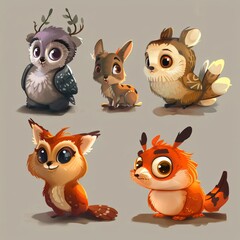Fototapeta premium Adorable Cartoon Forest Animals Owl Bunny Fox and Kitsune Illustrations