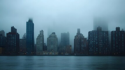 Fototapeta premium Misty Cityscape at Dusk with Building Silhouettes in Fog Particulate Matter Concept