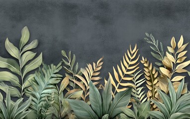 Digital art of tropical leaves in gold and green on dark background with artistic touch for...