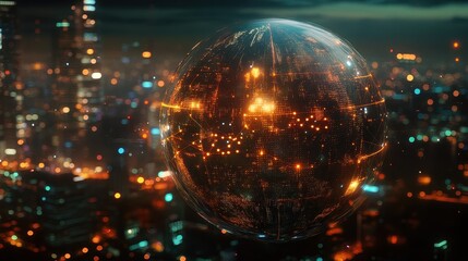 Close-up of a holographic globe with glowing network connections, representing worldwide internet access, global trade, and digital transformation, futuristic technology concept on cityscape backgroun