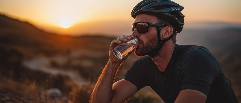 A cyclist enjoying a refreshing drink while watching the sunset in a scenic outdoor setting.