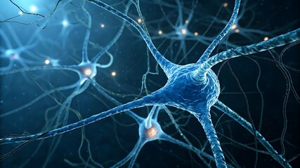 Close-up of a neural network with glowing blue synapses and intricate branching neurons, symbolizing artificial intelligence, deep learning, cognitive computing, and neuroscience research