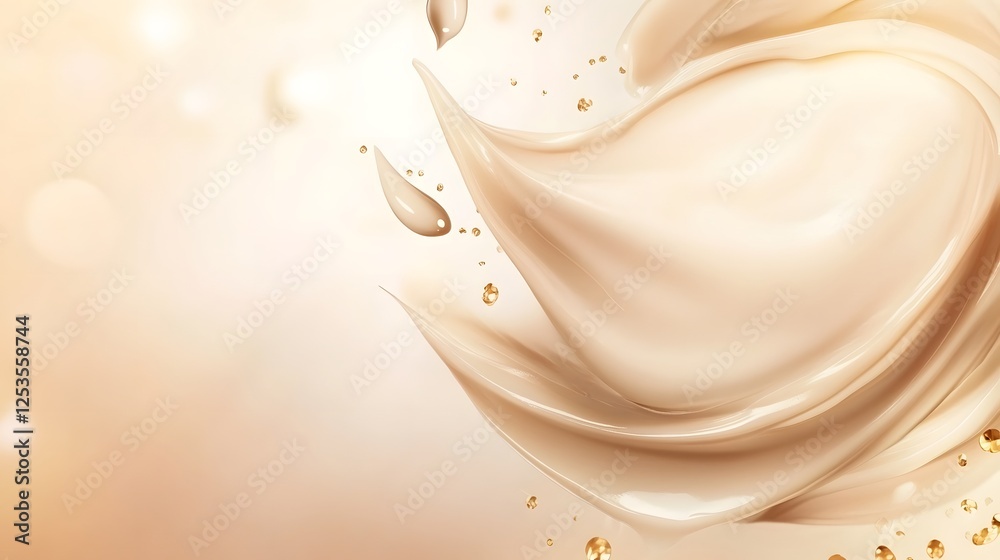 Poster captivating image of smooth beige satin fabric elegantly flowing with a golden glow and shimmering s