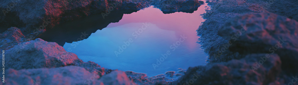 Aufkleber small tidal pool illuminated by neon blue glow outlines rocks in bright setting