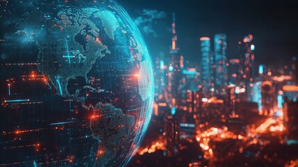 Close-up of a holographic globe with glowing network connections, representing worldwide internet access, global trade, and digital transformation, futuristic technology concept on cityscape backgroun