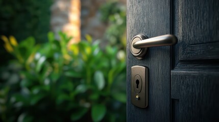 Close-up of Door Handle with Keyhole and Lush Green Background